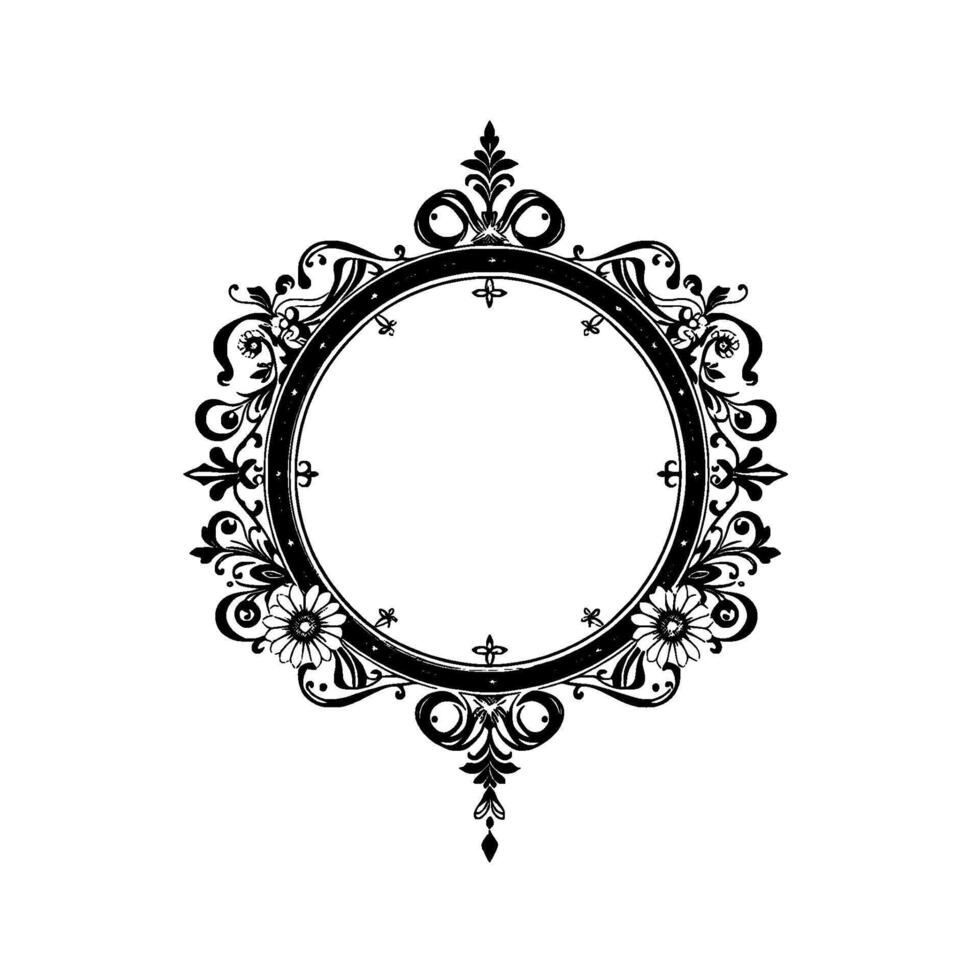 ornate black and white circular frame with floral and ornamental elements on a white background, ideal for invitations. vector