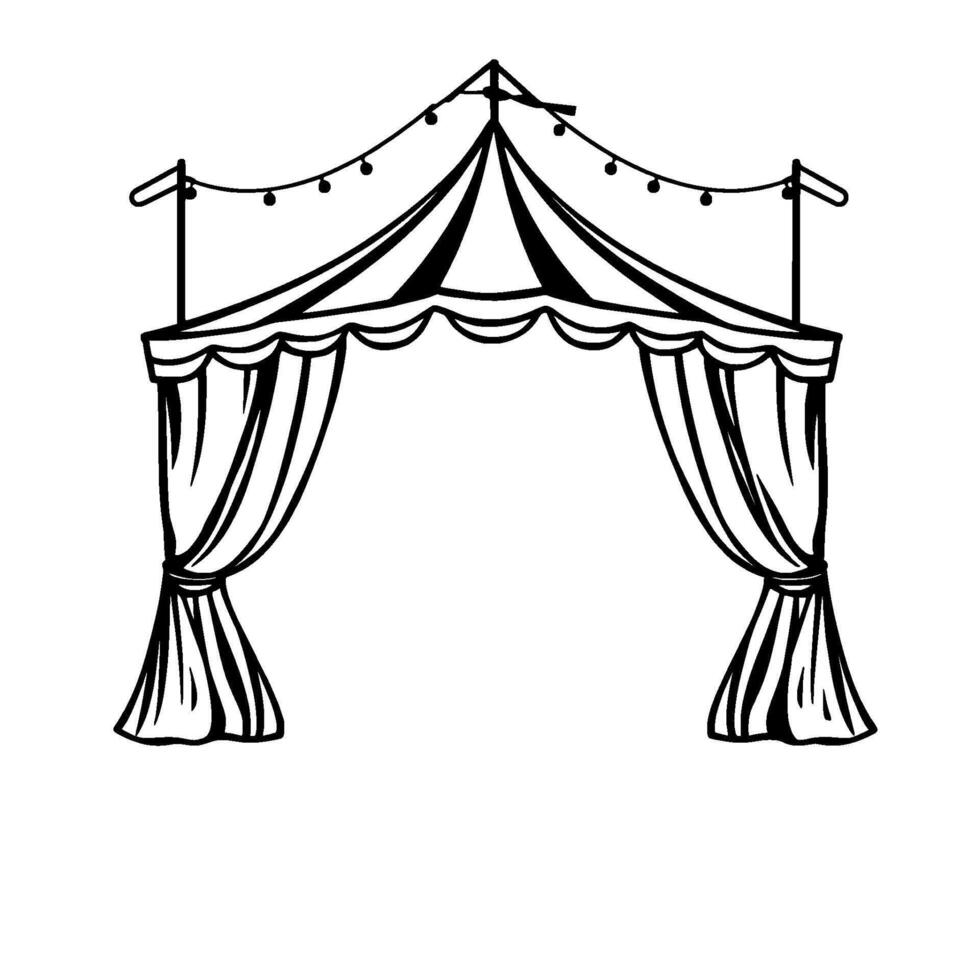 art illustration of a black and white carnival entrance archway with draped curtains, scalloped valance, and string lights, evoking festive vibes. vector