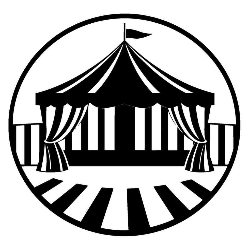 circular black and white circus tent with striped curtain and a flag on top, simple and decorative . vector