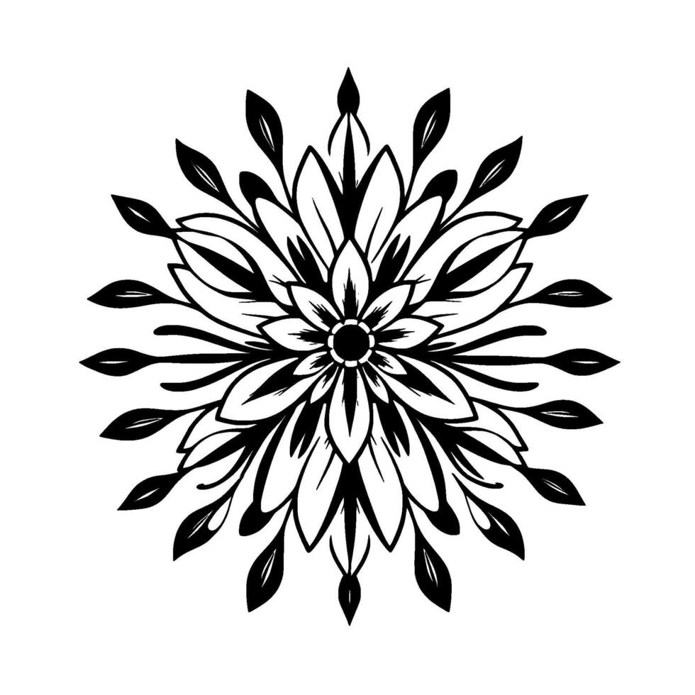 symmetrical black and white floral mandala, detailed leaves and petals, centered on a white background. vector