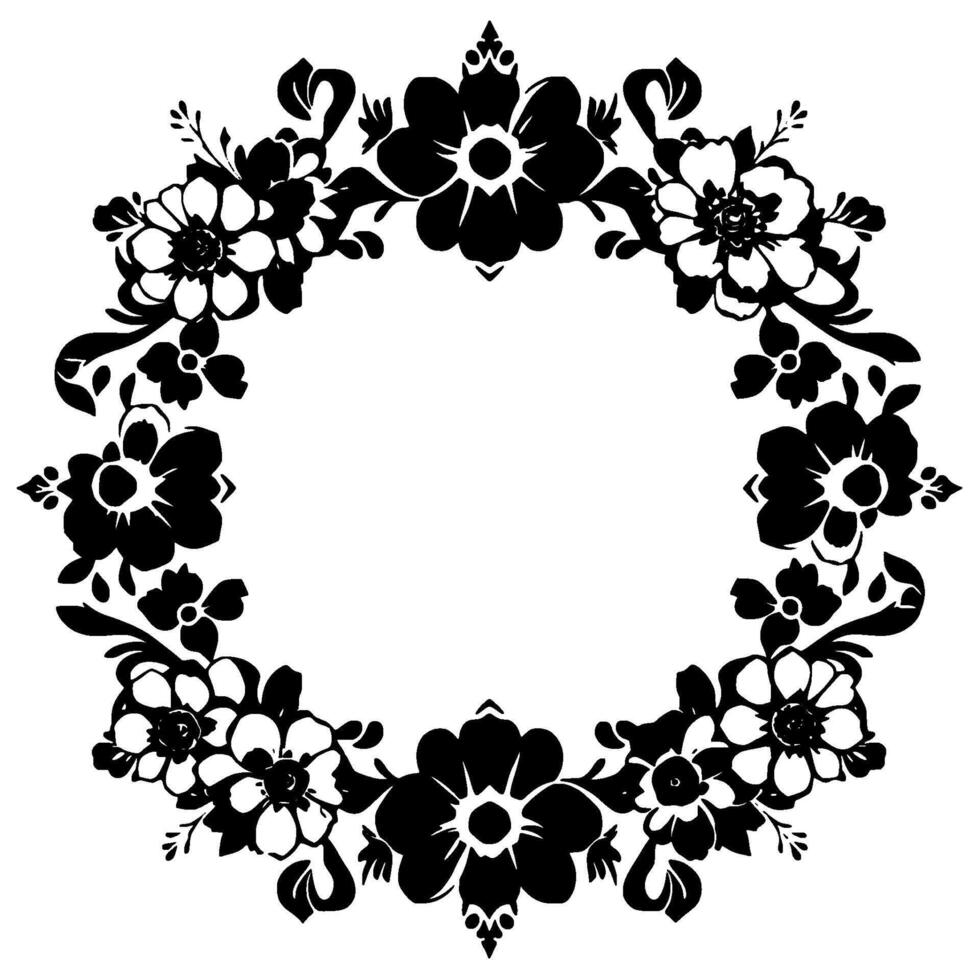 black and white floral wreath with varying blooms and detailed foliage, set against a bright background, circular . vector