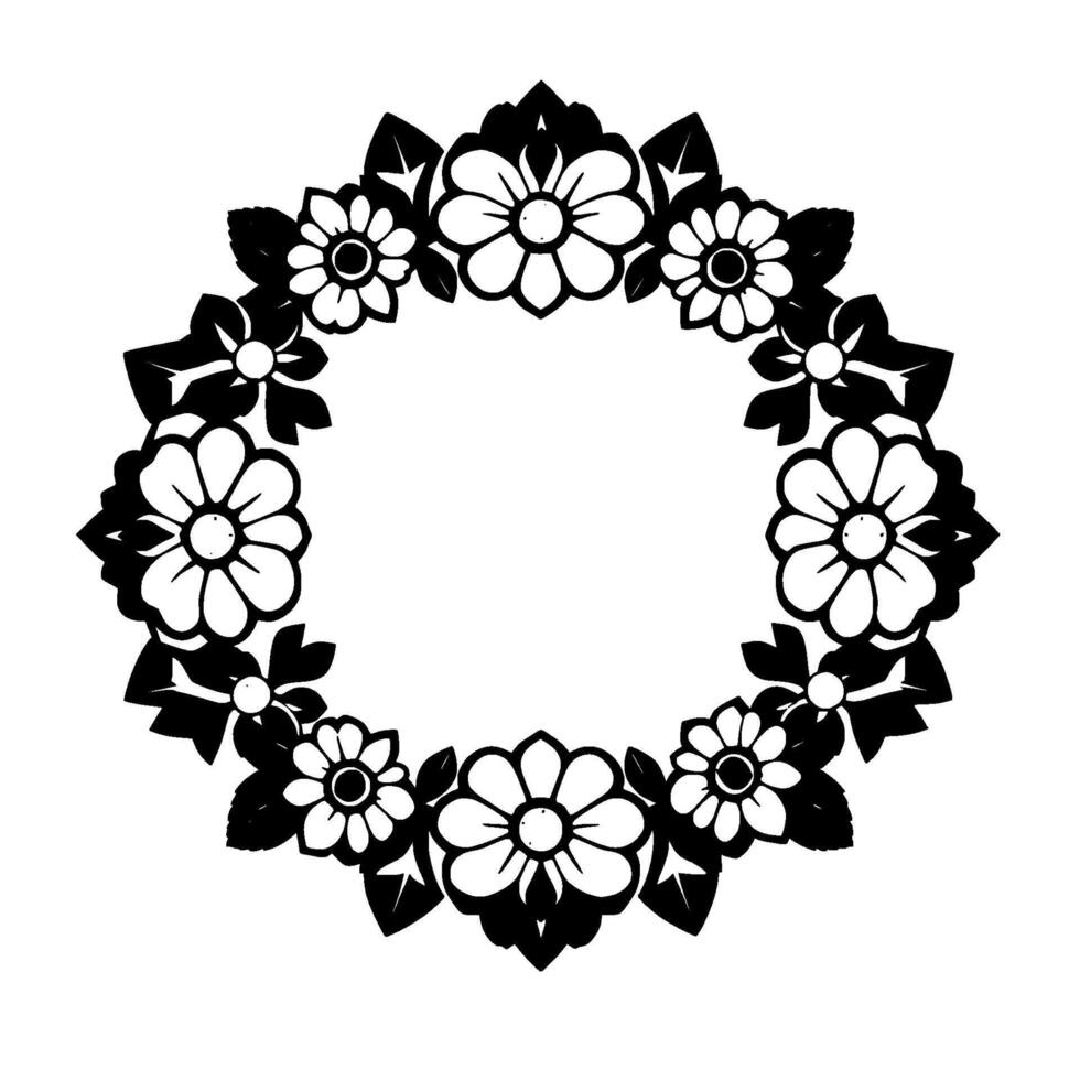 black and white floral wreath with detailed petals and leafy accents, circular frame on white background. vector