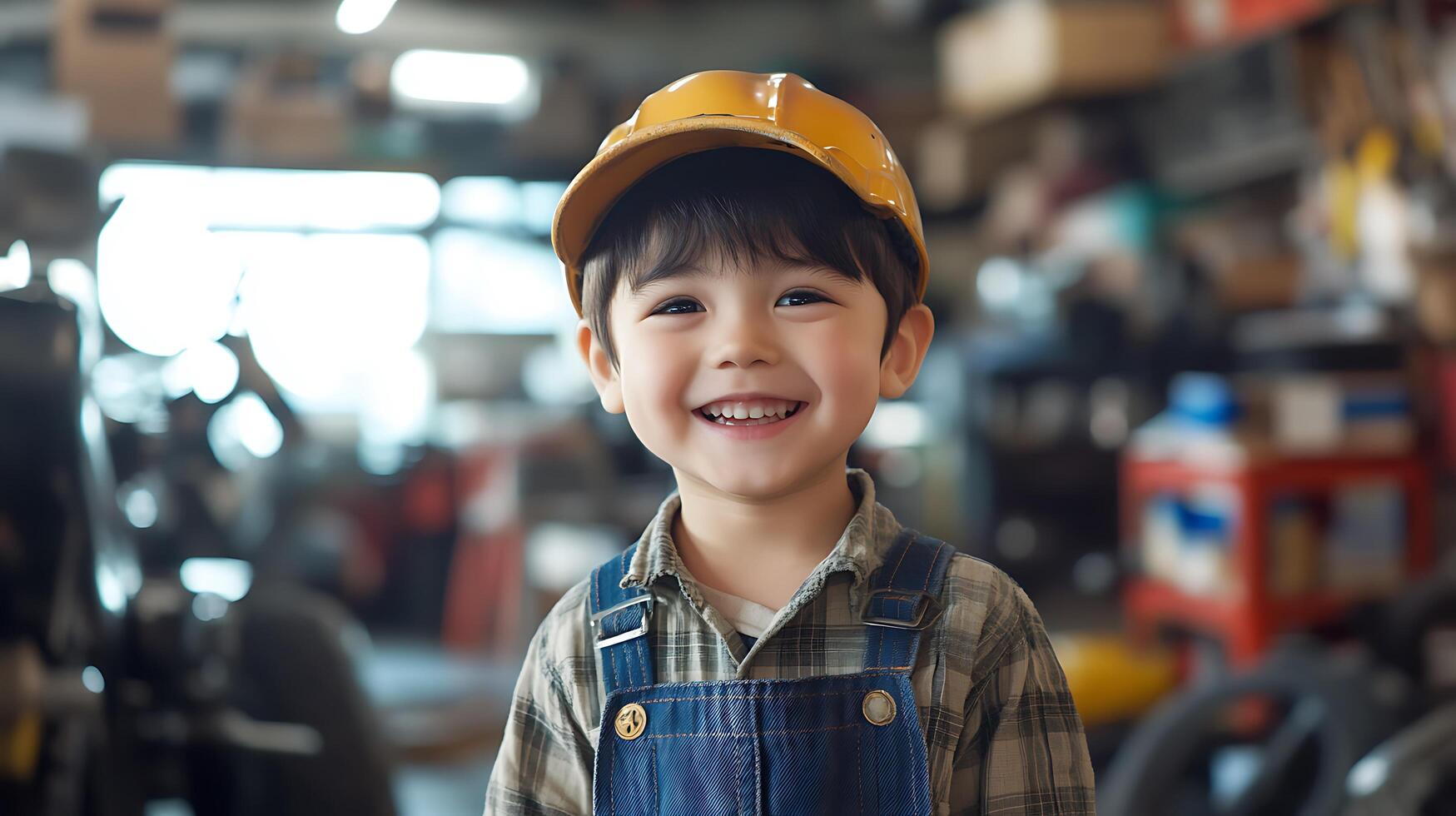 Smiling young boy dressed in work clothes and a helmet in a workshop setting embodying aspirations and a future of creation photo