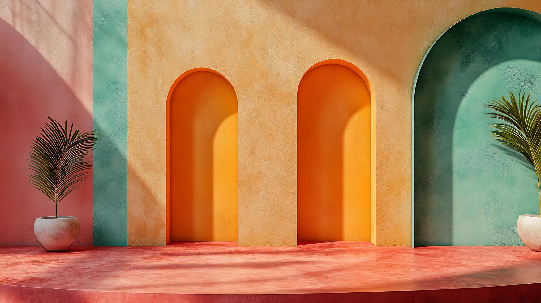 A colorful room with two arched openings and a plant in a vase photo