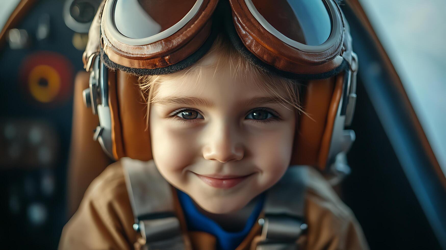 Young girl pilot with vintage goggles smiles confidently ready for adventure and soaring through the skies in her imaginary airplane photo