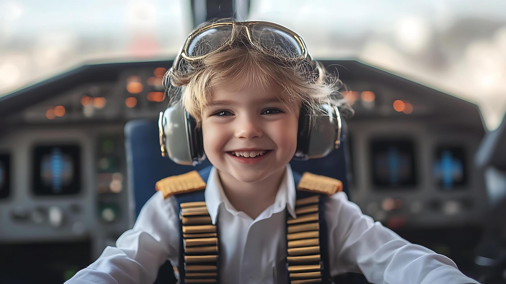 A young child dressed as an aviator beams from the cockpit dreams taking flight confidence radiating through a playful smile photo