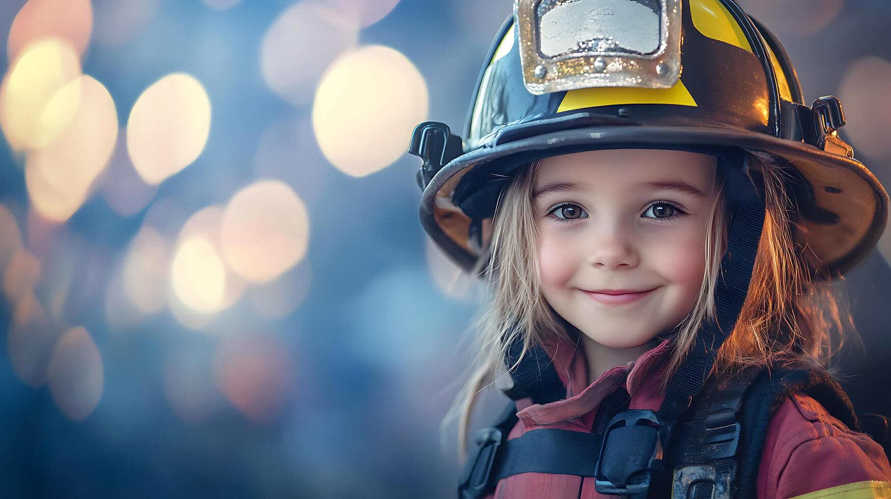 Young girl dressed as a firefighter smiling with helmet and jacket Light blurs in the background She looks happy and ready to go photo