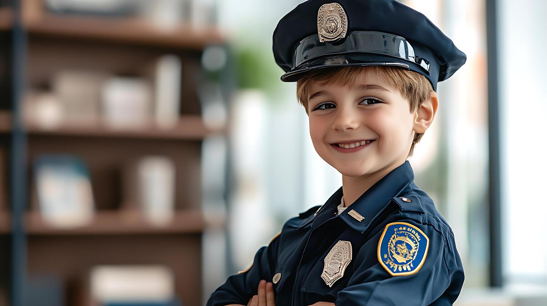 Young boy dressed as a police officer wearing a police uniform and hat arms crossed with a happy expression on his face photo