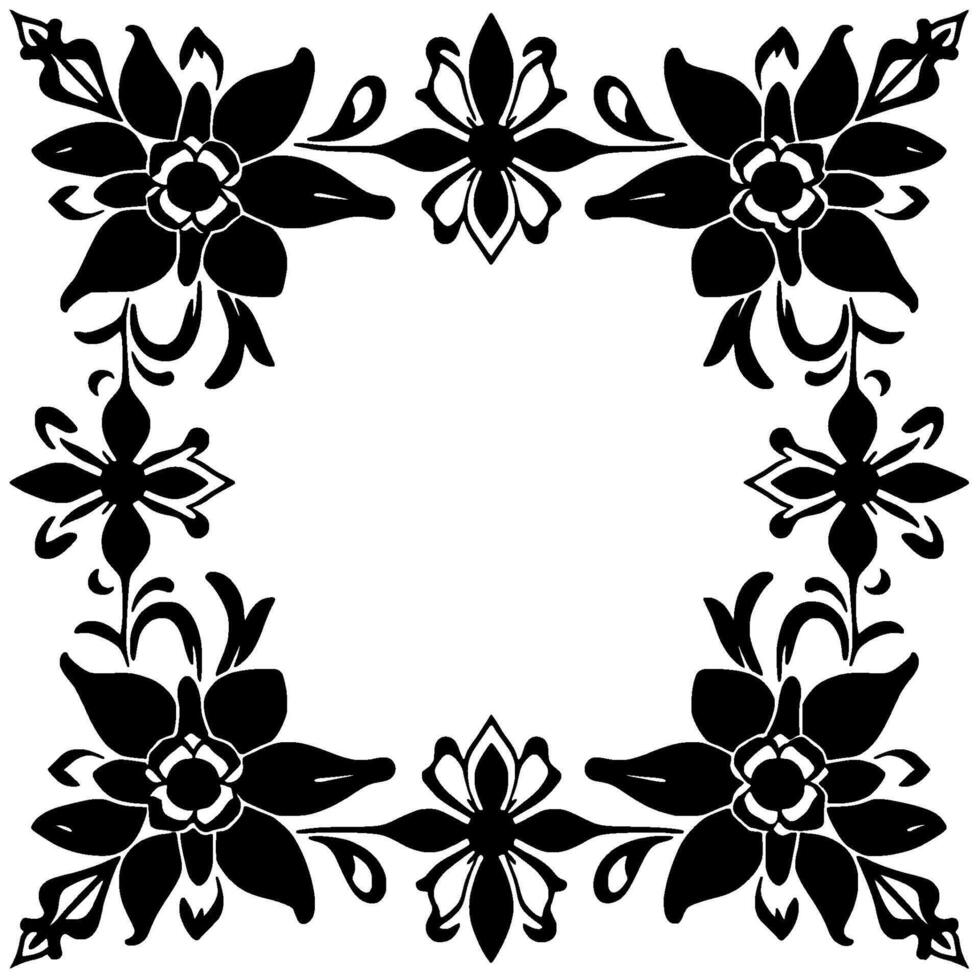 intricate black floral frame with stylized flowers and leaves, symmetrical border, and a white central space. vector