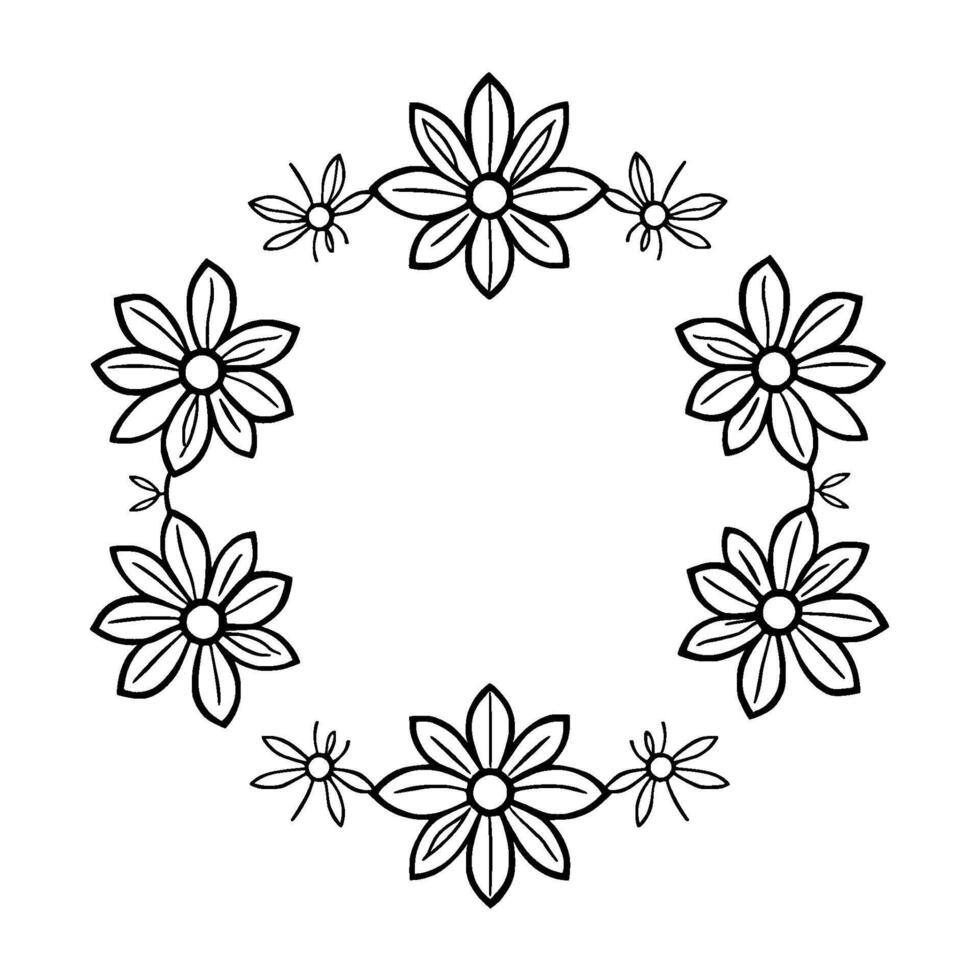 elegant floral wreath a symmetrical, black and white line art illustration of daisies, creating a circular frame with delicate, organic shapes. vector