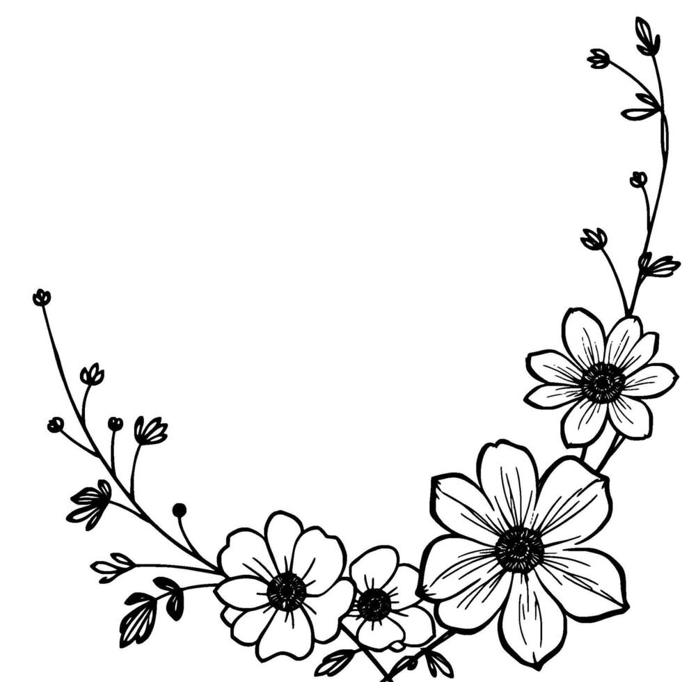 delicate black and white floral wreath with outlined flowers, leaves, and branches for decorative purposes. vector