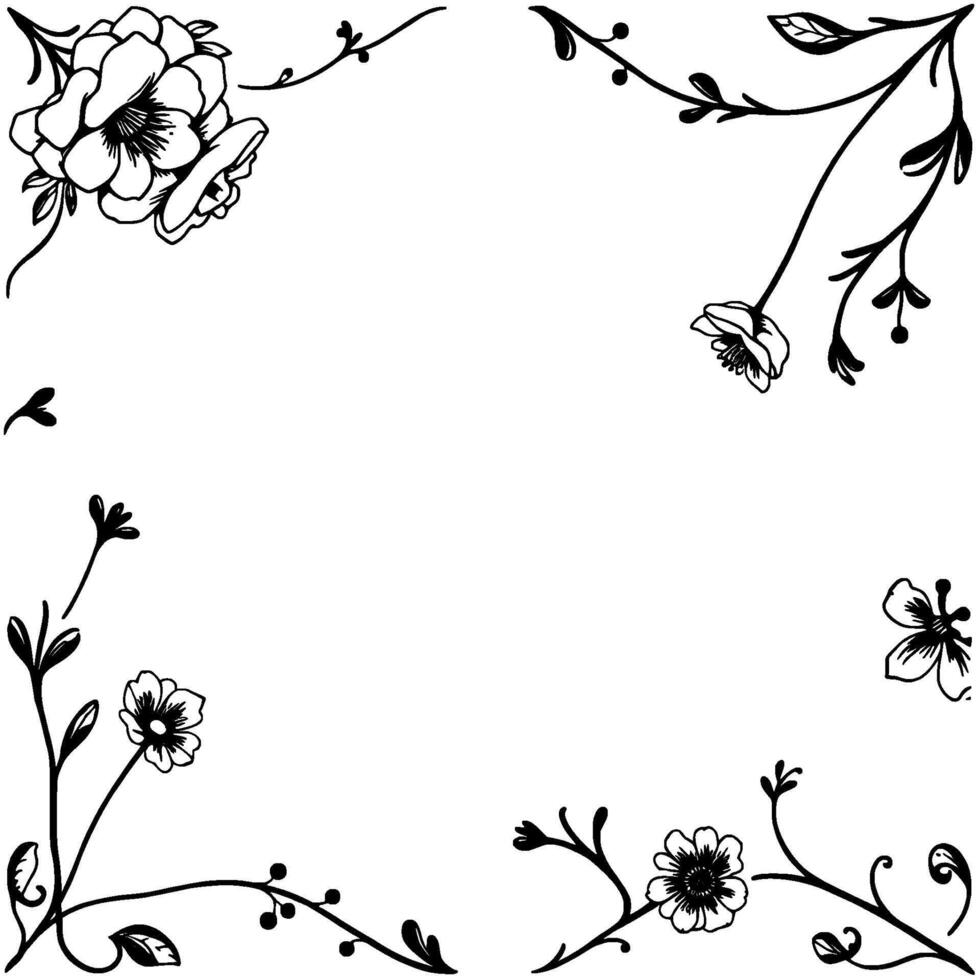 elegant black and white floral corner frame delicate flower and vine illustration on white background. vector