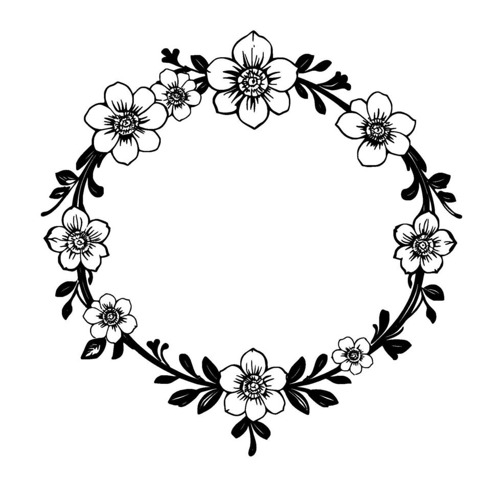elegant black and white floral wreath, featuring stylized flowers and leaves, a decorative circular border perfect for invitations or elements. vector