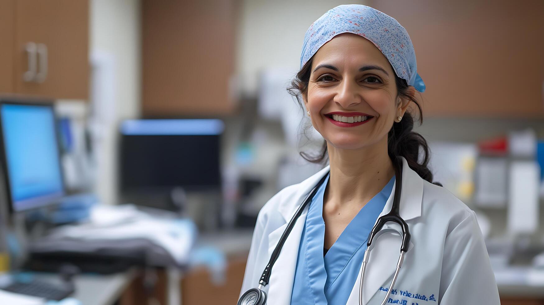 Portrait of a smiling confident female healthcare worker in her workplace wearing scrubs a lab coat and head covering photo
