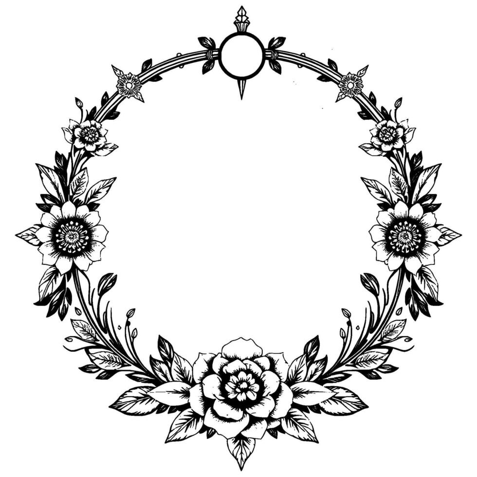 intricate black and white floral wreath with detailed blooms, leaves, and geometric embellishments, offering a sophisticated and elegant ornamental frame. vector
