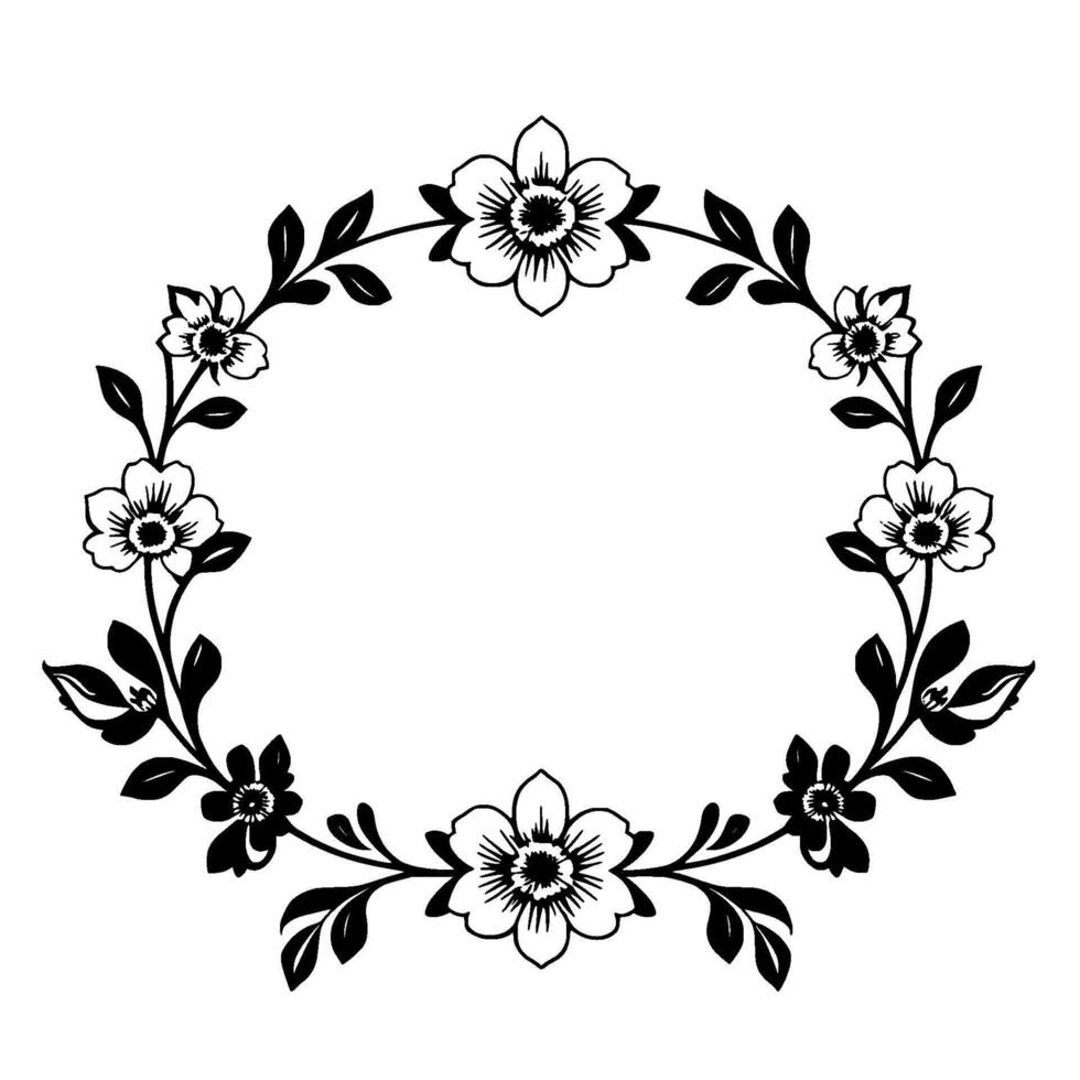 elegant black white floral wreath, handdrawn botanical with delicate flowers and leaves, circular frame on white background. vector