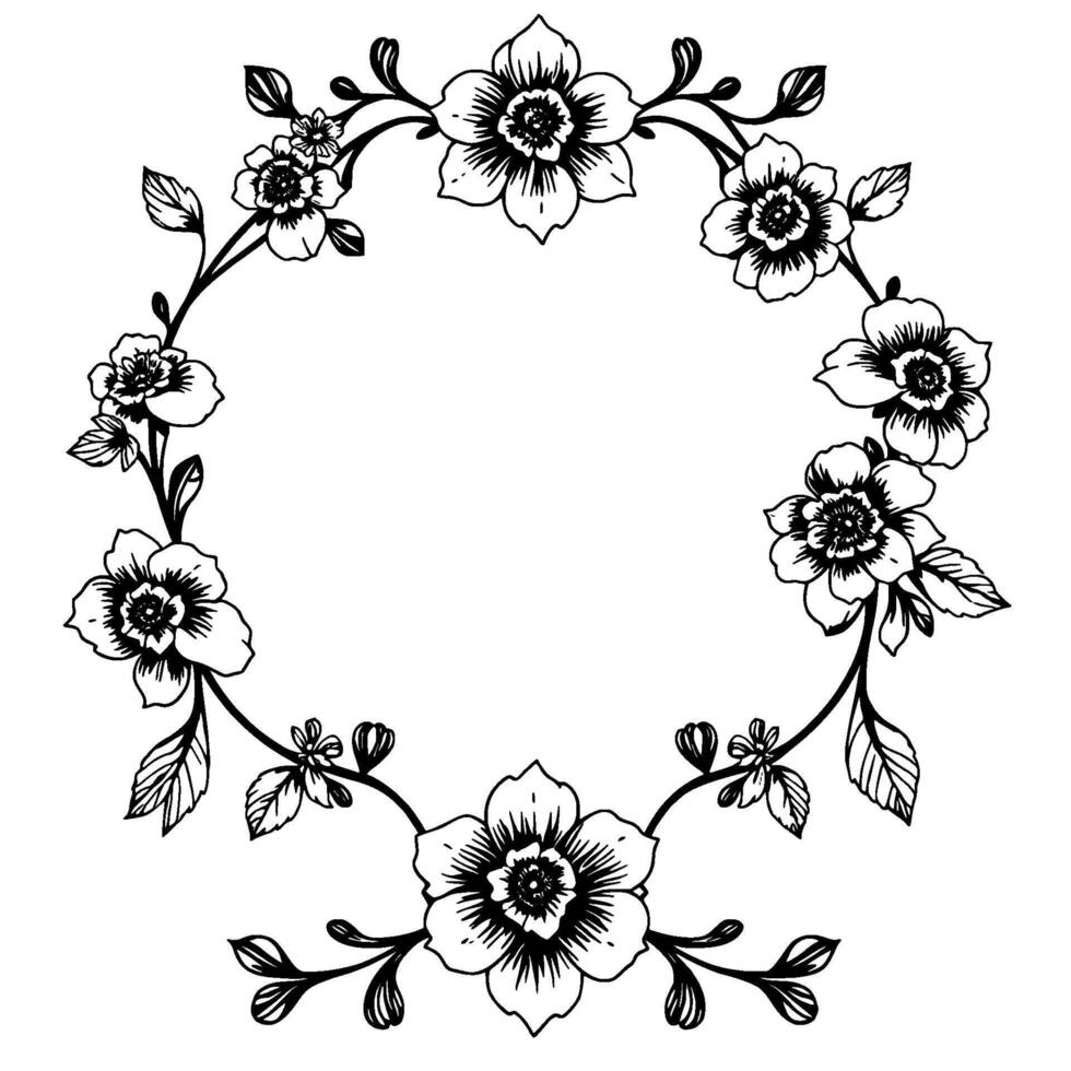 elegant floral wreath illustration black and white detailed circular frame with blooming flowers, buds, and leaves on a white background. vector