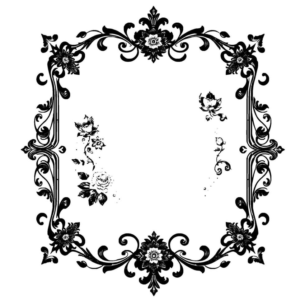 elegant black and white floral rectangular frame with ornate scrollwork and delicate flower accents, isolated on white. vector