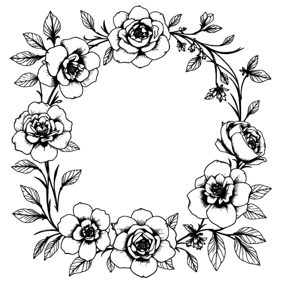 intricate black and white floral wreath detailed ink drawing of roses, leaves, and twigs forming a circular border with delicate petals. vector