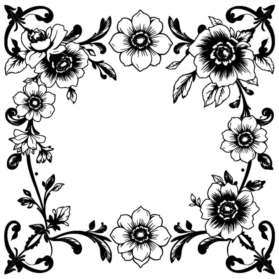 ornate black and white floral frame with delicate flower and leaf details, elegant for embellishment. vector