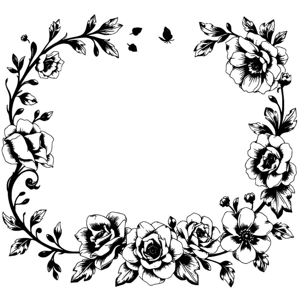 ornate black white floral frame detailed ink drawing of roses, buds, leaves, and vine elements forming a border. vector