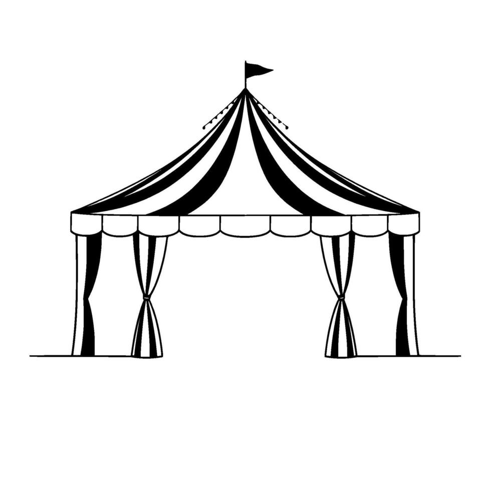 illustration of a stylized circus tent, rendered in stark black and white, with striped roof and draped curtains. vector