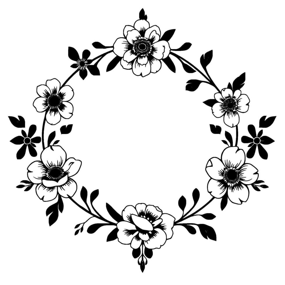 intricate black and white floral wreath composition with flowers and leaves, botanical, decorative . vector