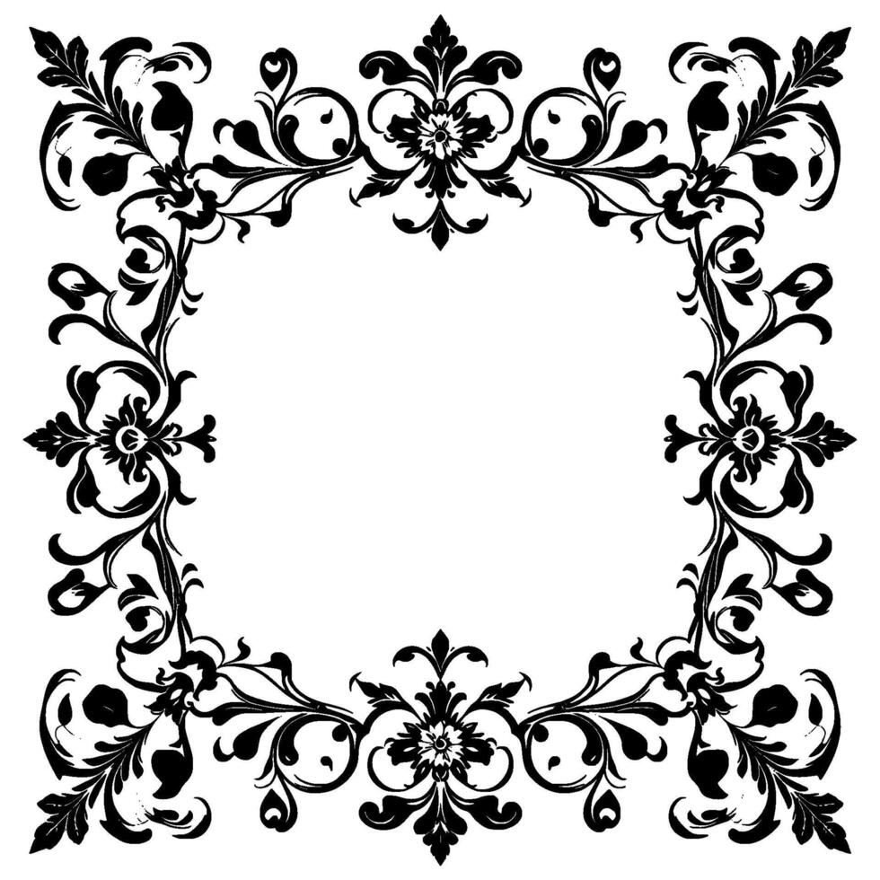 intricate black and white square frame with floral and leafy flourishes, vintage aesthetic. vector