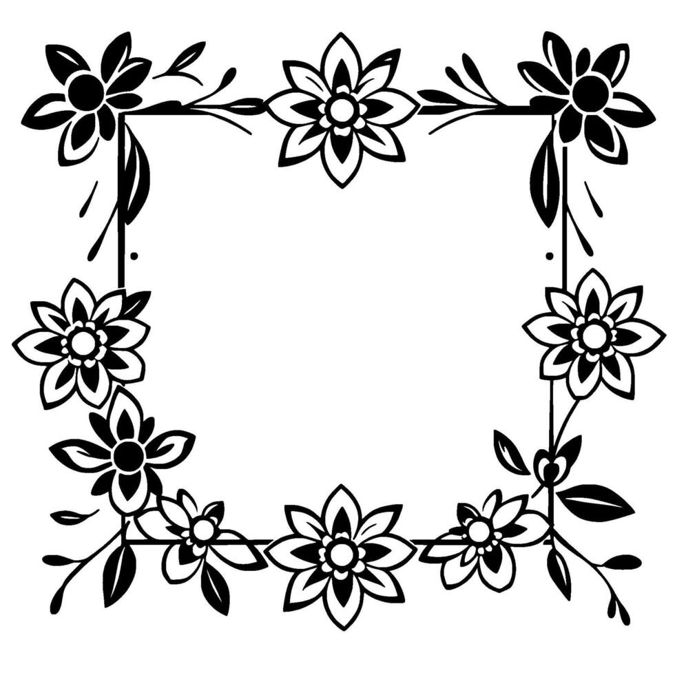 black and white floral frame, symmetrical, with stylized blossoms and leaves, perfect for invitations or templates. vector