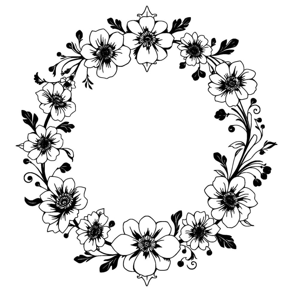 elegant black and white floral wreath , circular frame with botanical leaves, perfect for wedding invitations, elements. vector