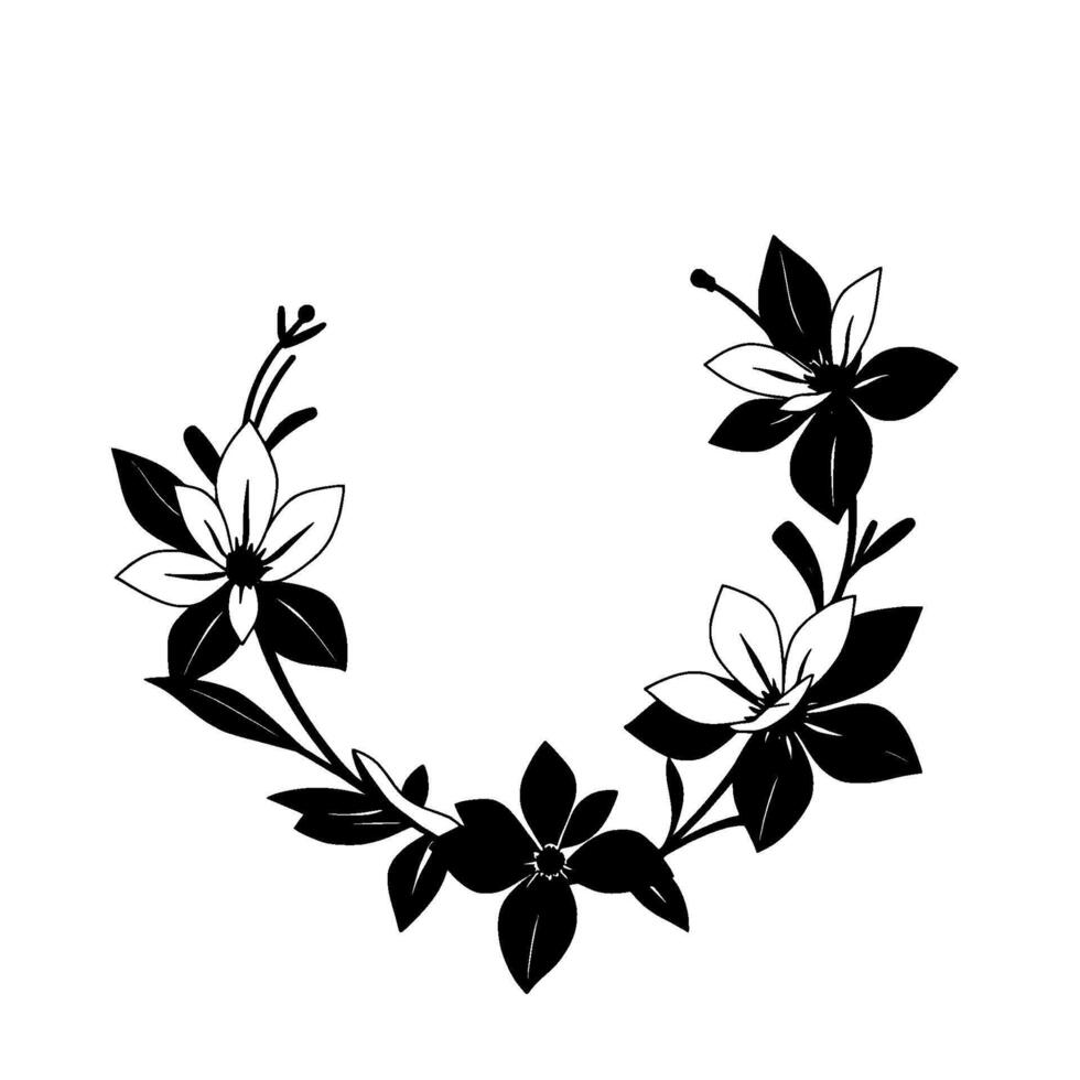 elegant black and white floral wreath with stylized blossoms and leaves forming a semicircle against white background vector