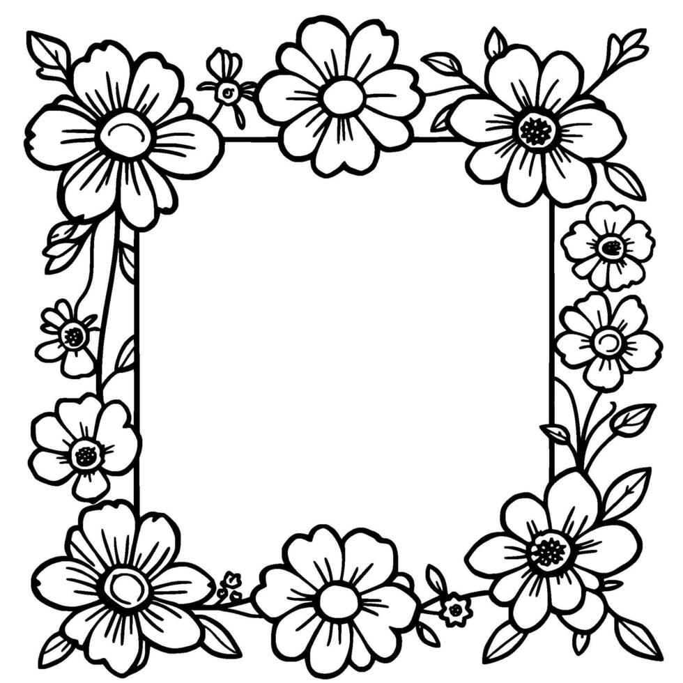 a black and white floral frame illustration with stylized daisylike flowers and leaves, bordering a blank square space. vector