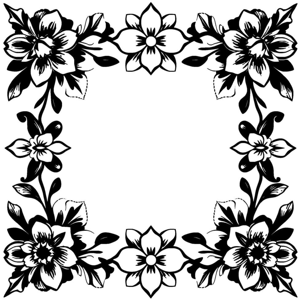 black and white floral frame intricate botanical border featuring stylized flowers, leaves, and stems, creating a decorative square with a central blank space. vector