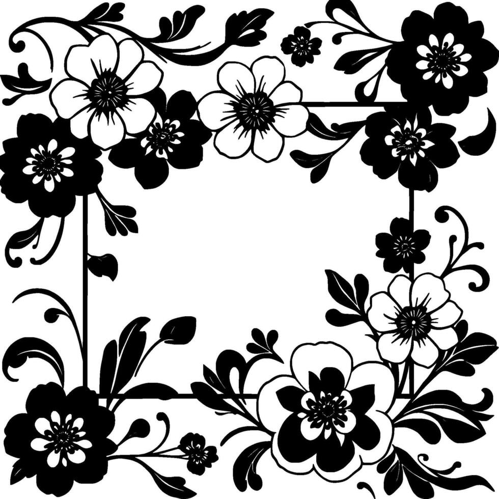 black and white floral frame with flowers, leaves, and a geometric square border, perfect for invitations or decorative art. vector