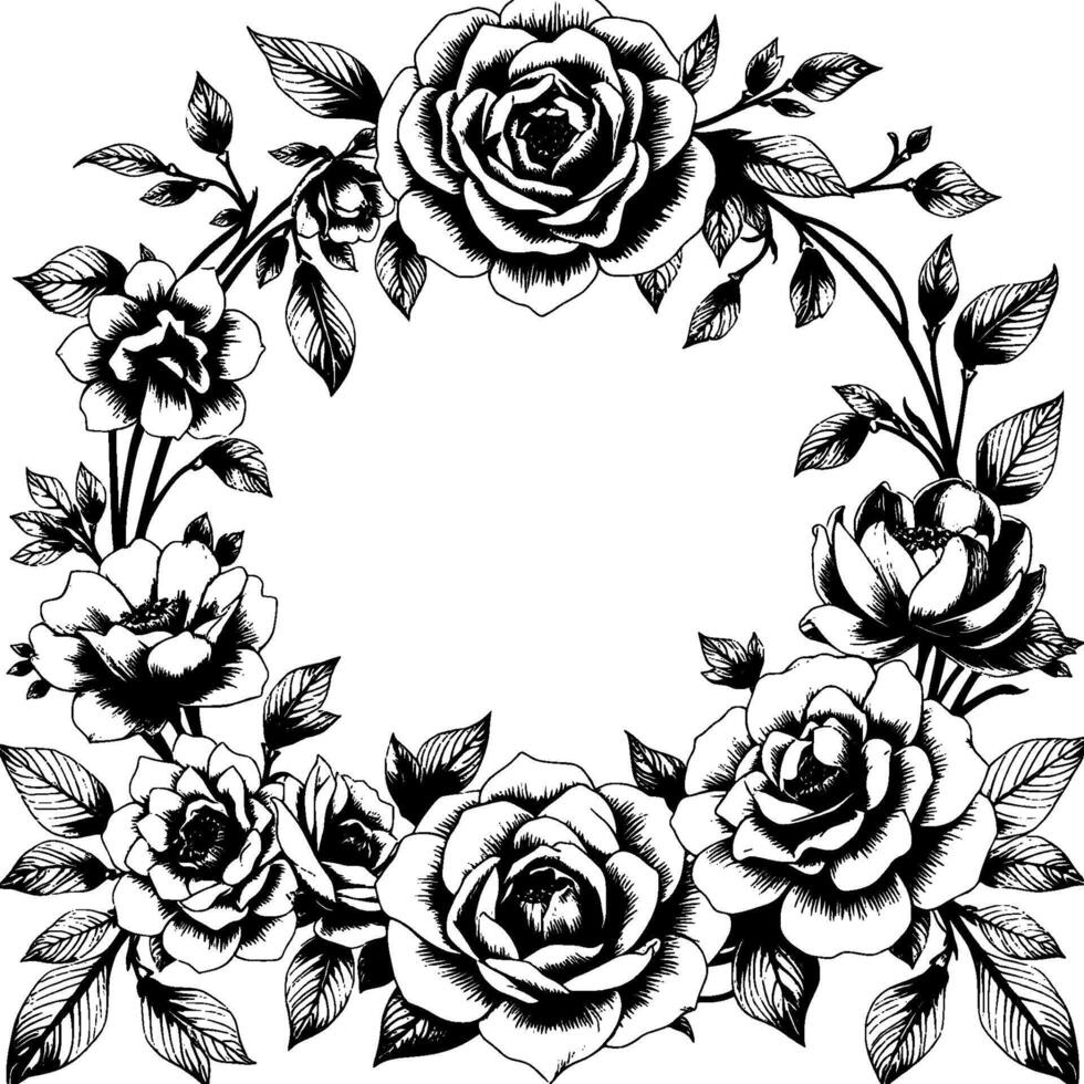 intricate black and white floral wreath detailed penandink illustration featuring roses and leaves, forming a circular decorative element on a white background. vector