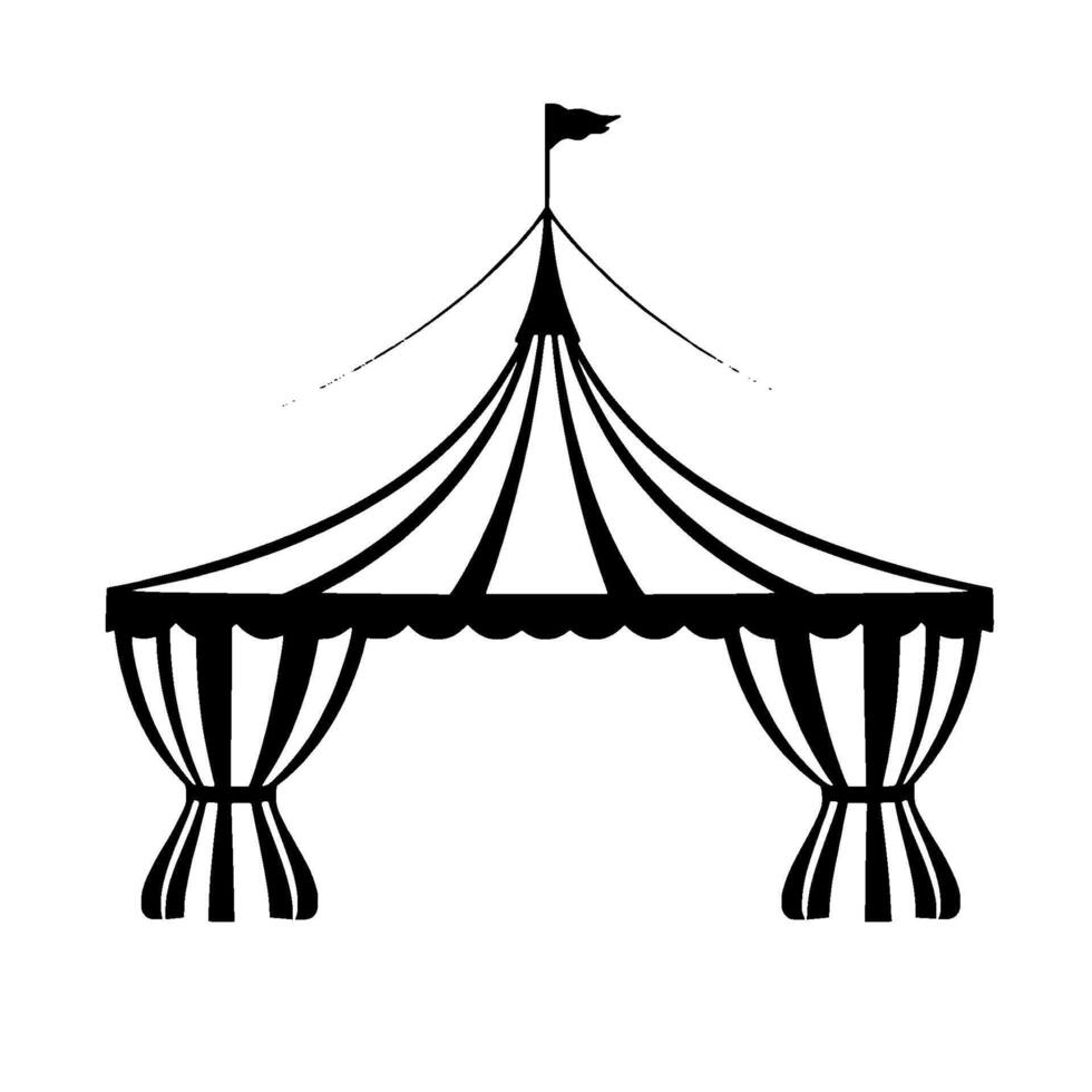 a minimalist, black and white illustration of a circus tent, featuring striped awnings, scalloped edges, and a flag on top, all against a stark white background. vector