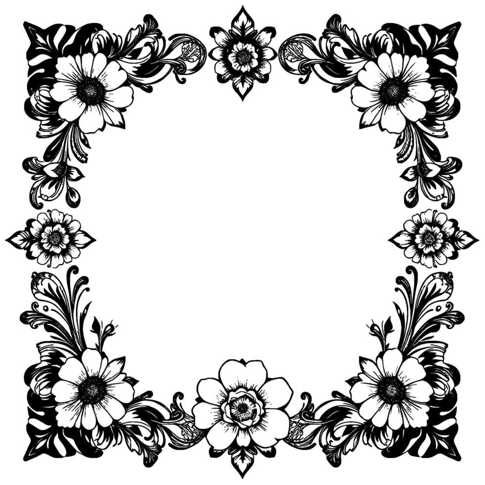 intricate black and white floral border with daisylike flowers, scrolls, and decorative elements framing a blank center. vector