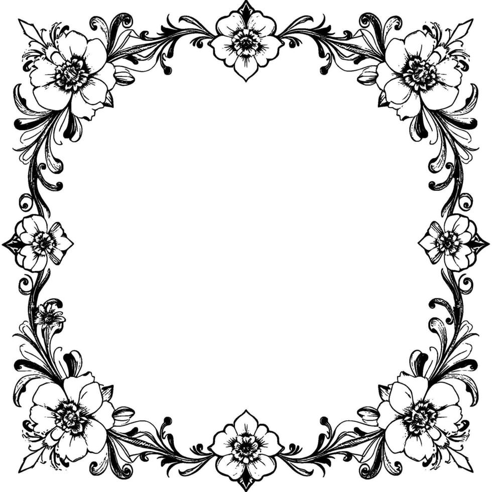 intricate floral frame detailed black and white pen and ink illustration of blooming flowers with scrolling vines, ideal for invitations vector