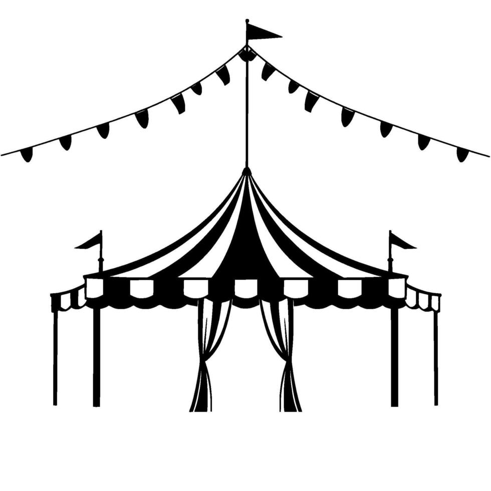 silhouette circus tent with black and white stripes, pennant banners, flags, and drapes illustration vector