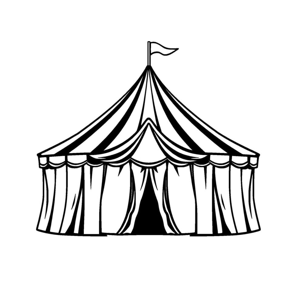 bold black and white illustration of a classic circus tent with flag, lines, curtains, and dramatic entryway on a clean white background. vector