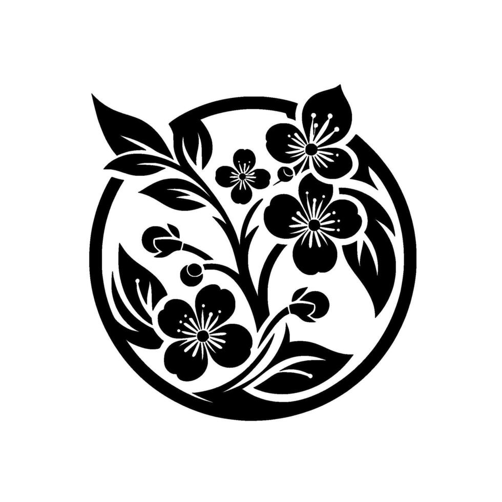 Black and White Stylized Cherry Blossom Branch Within a Circular Frame, Minimalist Floral , Silhouette. vector