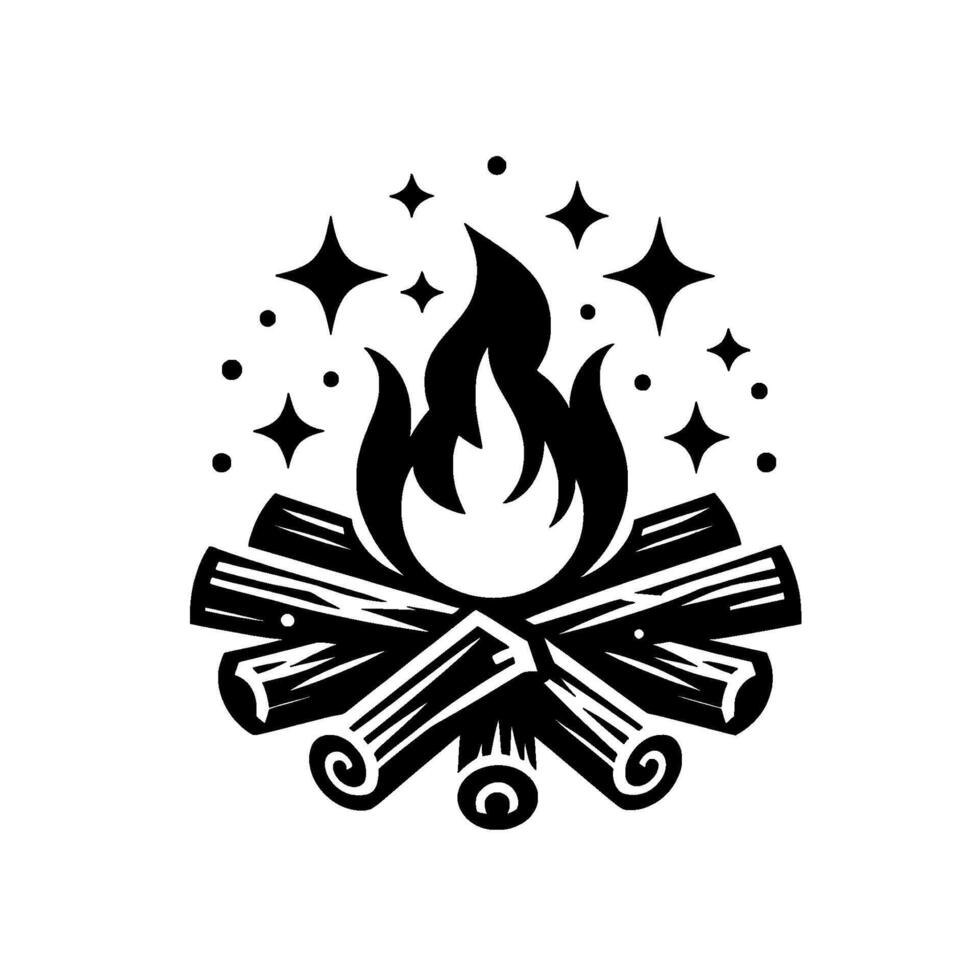 Stylized Monochrome Bonfire Burning Fire atop Crossed Logs with Sparkles and Stars, Isolated on White. vector