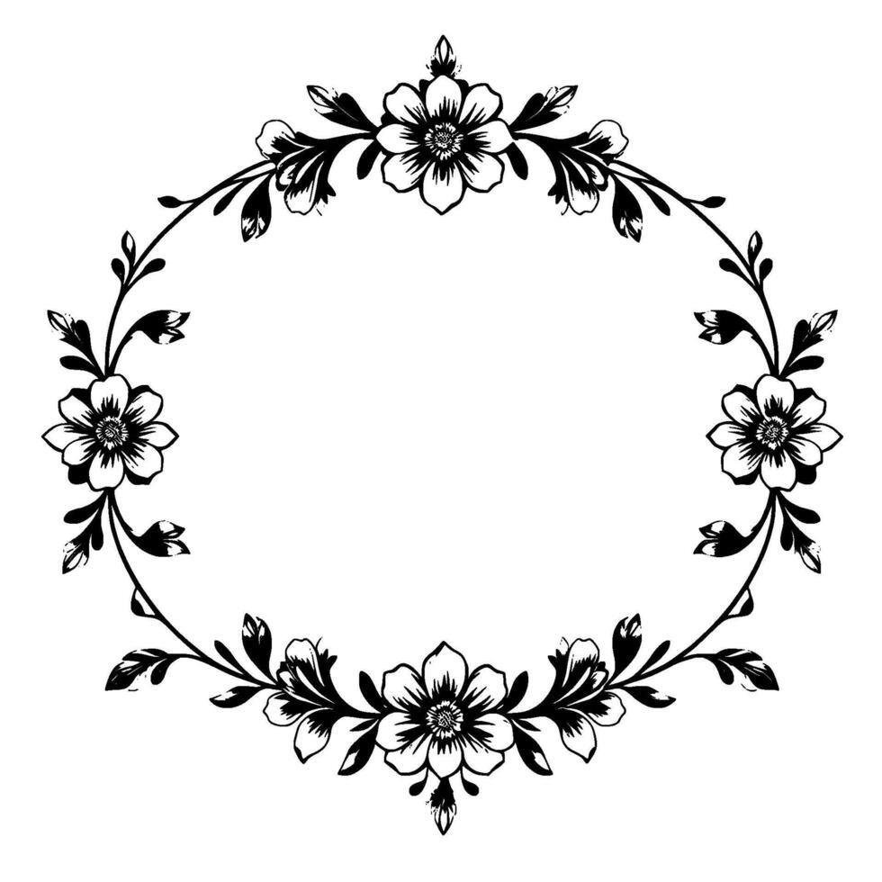 an elegant blackandwhite floral wreath , featuring intricate botanical details, perfect for framing or as a decorative element. vector