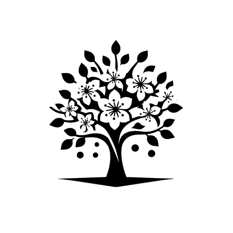 Stylized monochrome illustration of a flowering cherry tree with leaves and blossoms against a pale background, evoking natures beauty. vector