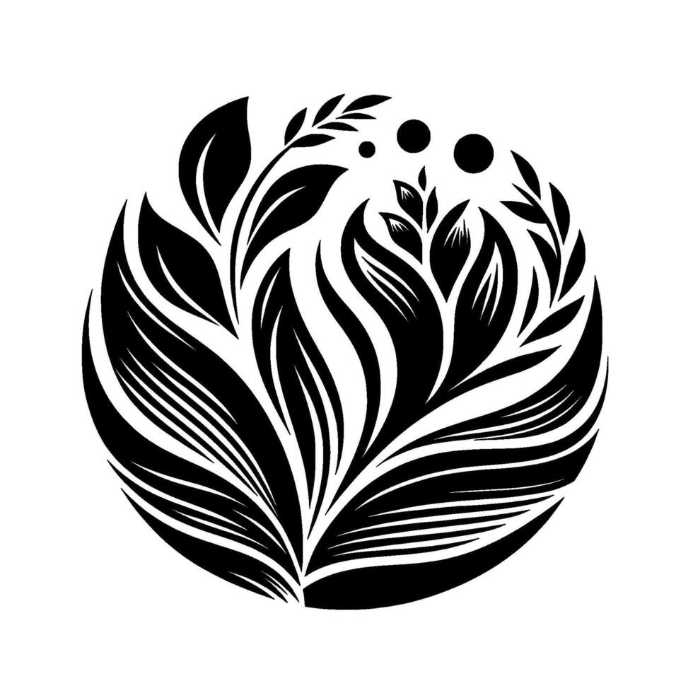 Elegant Monochromatic Floral Emblem Symmetrical Circular Composition Featuring Stylized Leaves, Sprigs, and Orbs in Black and White. vector