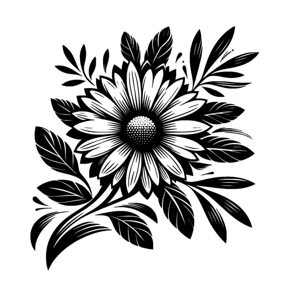Bold black and white floral illustration featuring a stylized daisy and surrounding leaves, perfect symmetry, minimalist , and a clean aesthetic on white background. vector