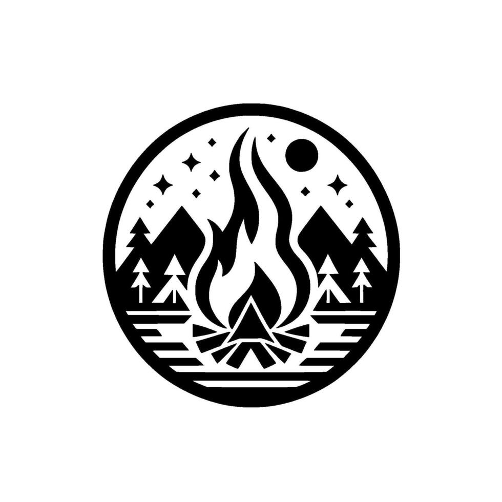 Circular Black and White Illustration of a Campfire Scene with Mountains, Stars, Trees, and Sun, Evoking Nighttime Camping. vector