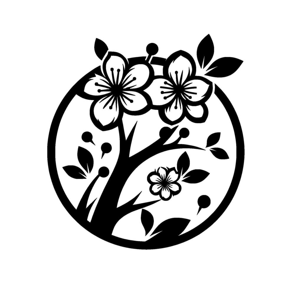 Black and White Circular Featuring Blooming Cherry Blossom Branch, Elegant Floral Silhouette, Isolated on White Background vector