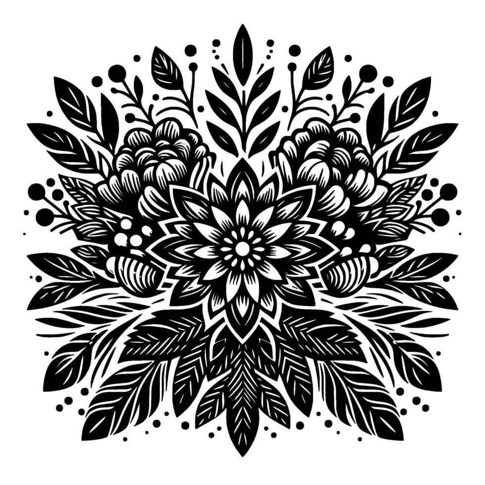 Symmetrical floral mandala featuring stylized flowers, leaves, and berries in a bold black and white style. vector