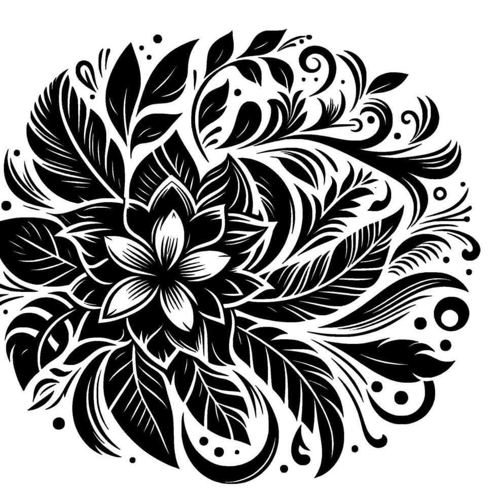 Elegant Black and White Floral Mandala with Central Flower and Intricate Leaf and Swirl Elements. vector